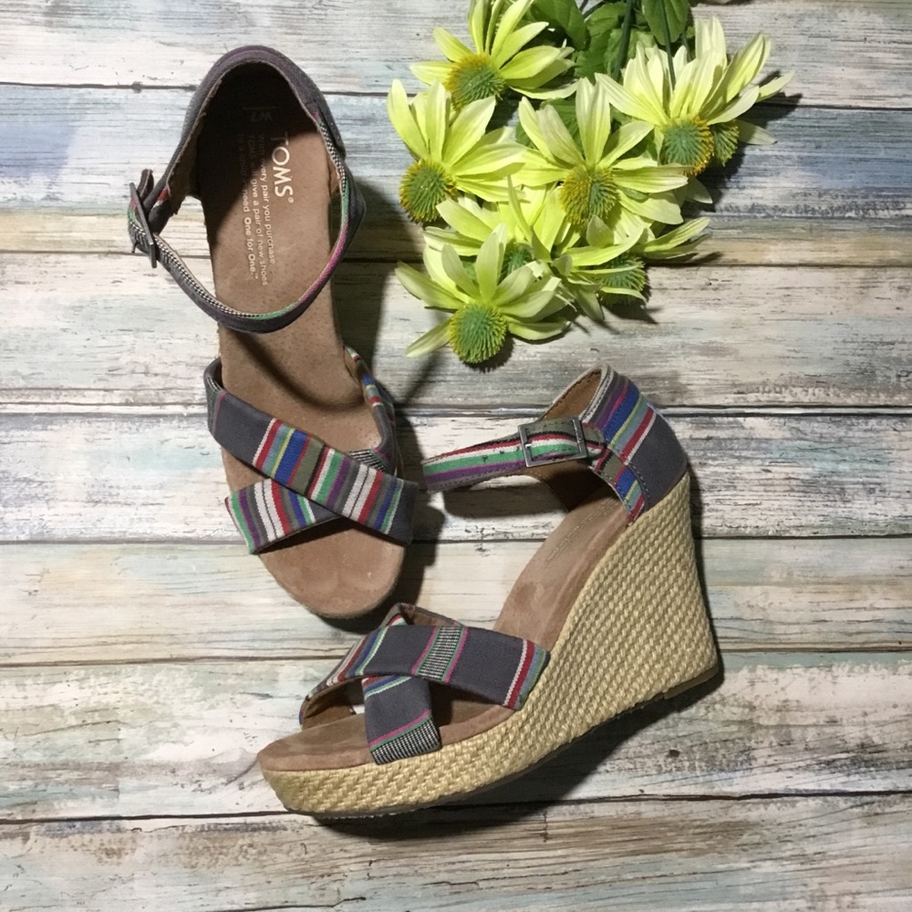 Toms strappy wedges denim stripe multicolor